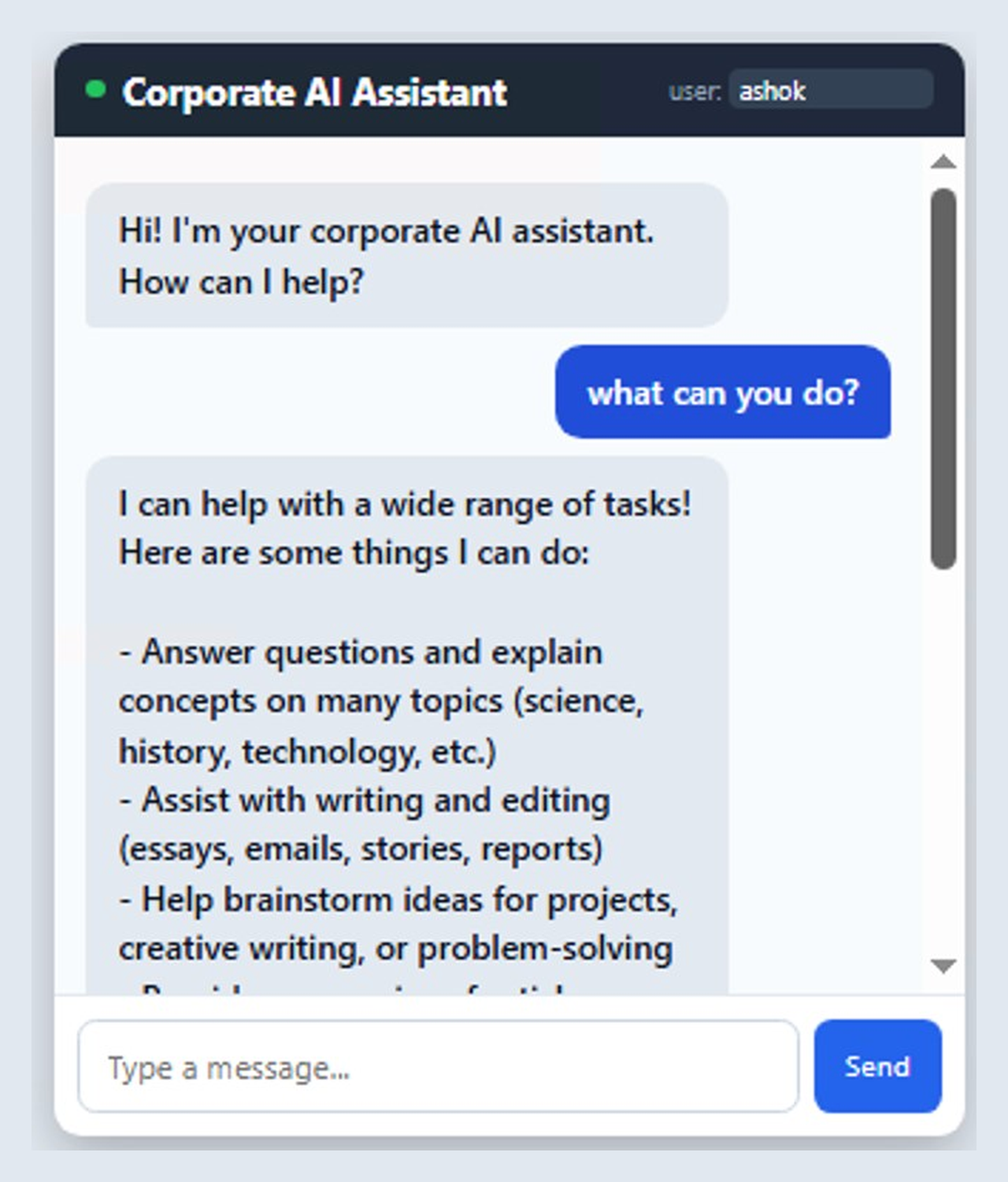 Figure 3: The Corporate AI Assistant used throughout this demonstration.