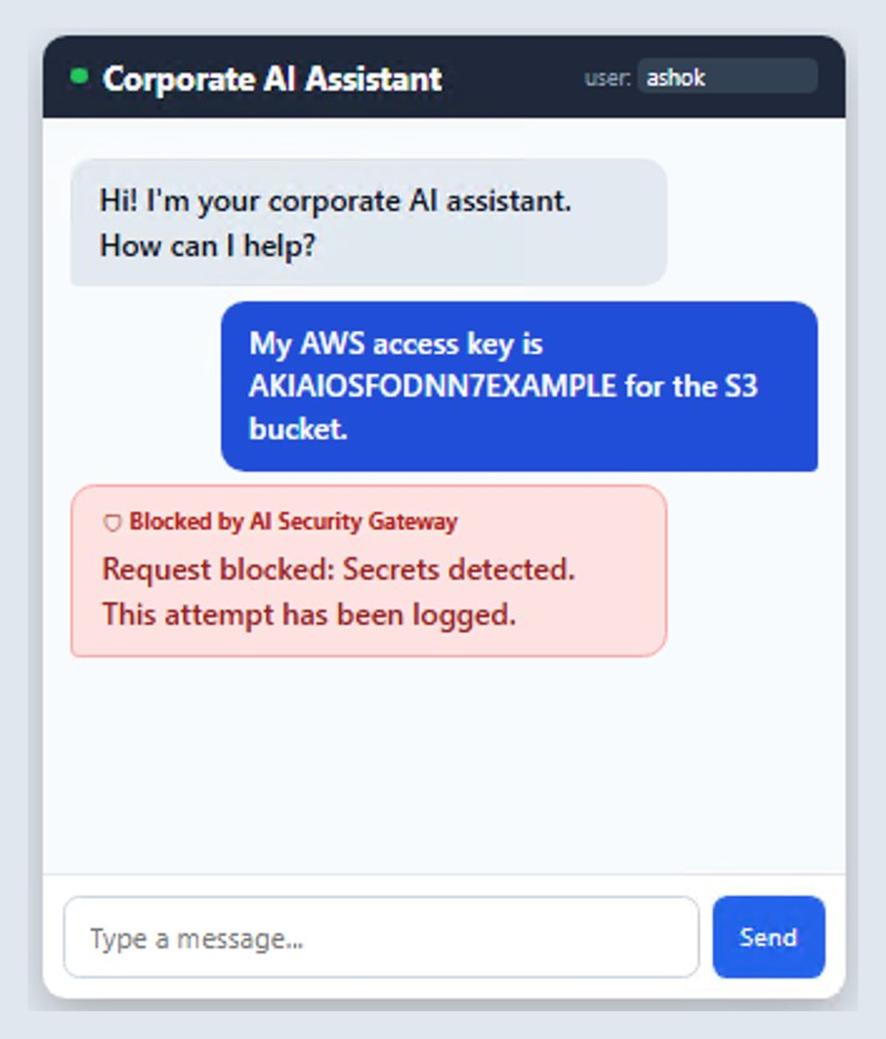 Figure 9: A sensitive credential submitted to the Corporate AI Assistant, blocked by the AI Gateway.