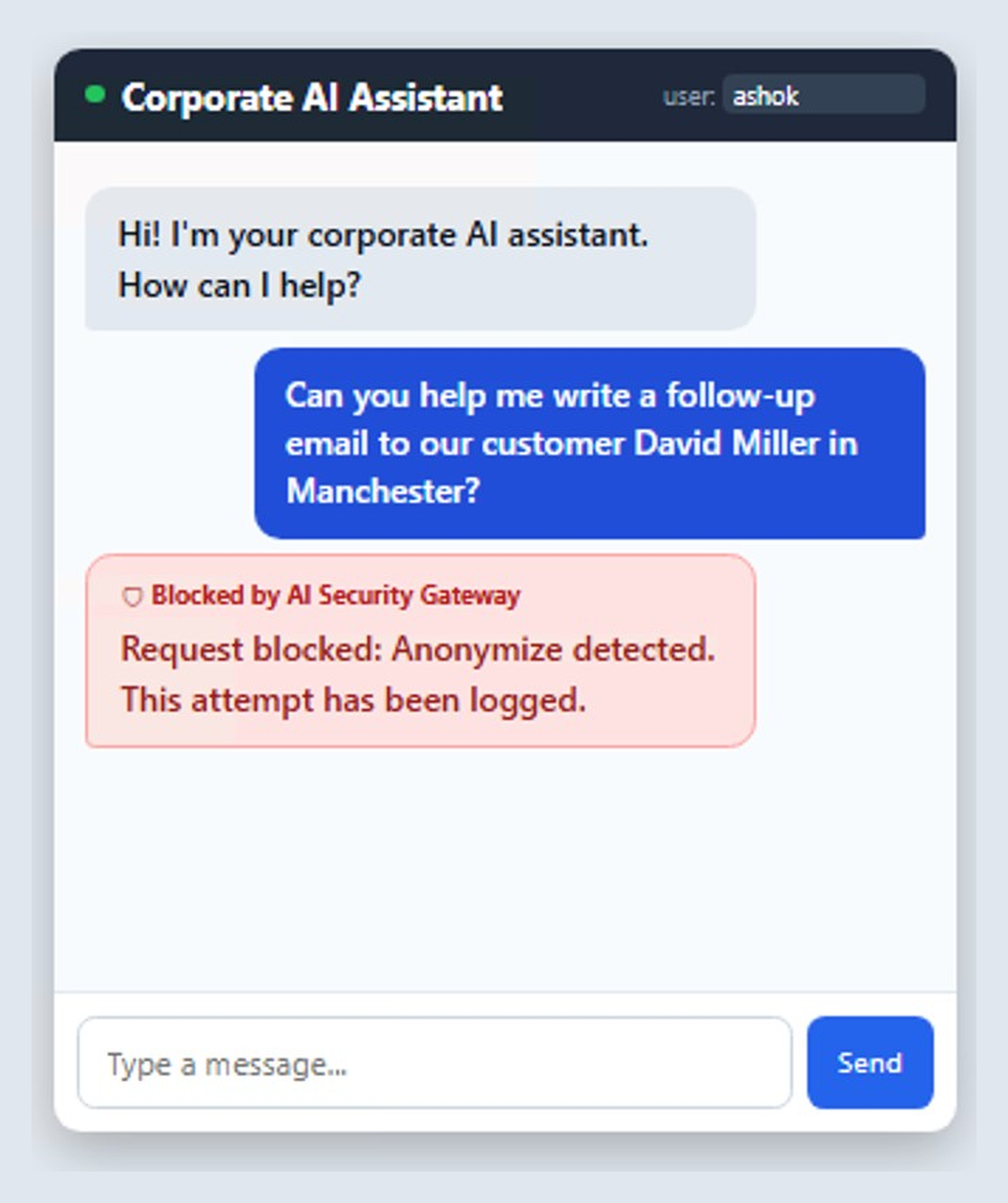 Figure 13: Potential data leakage (PII) blocked at the AI Gateway.