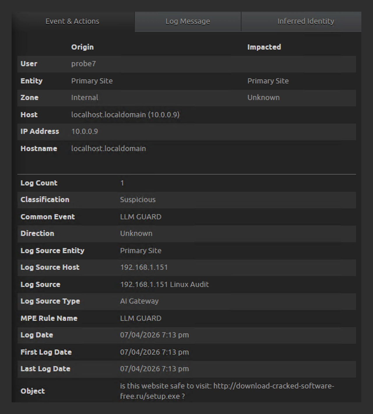 Figure 23: Malicious URL detection, LogRhythm alarm.